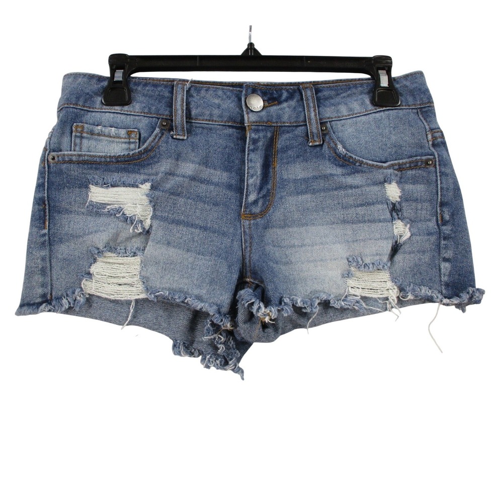 Bebe Women Medium Wash Distressed Denim Shorts Low Rise‎ Raw Hem Size 27 474327